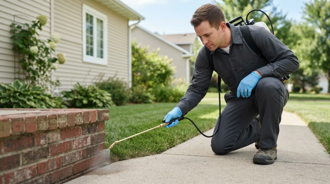 Pest control technician treating a home near Biglerville, PA